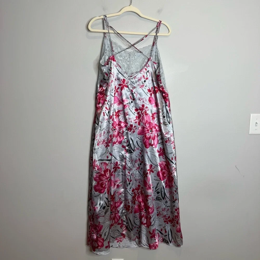 VTG Y2K Lace Trim Slip Dress Satin Floral Large Lingerie Nightgown Indie Grunge